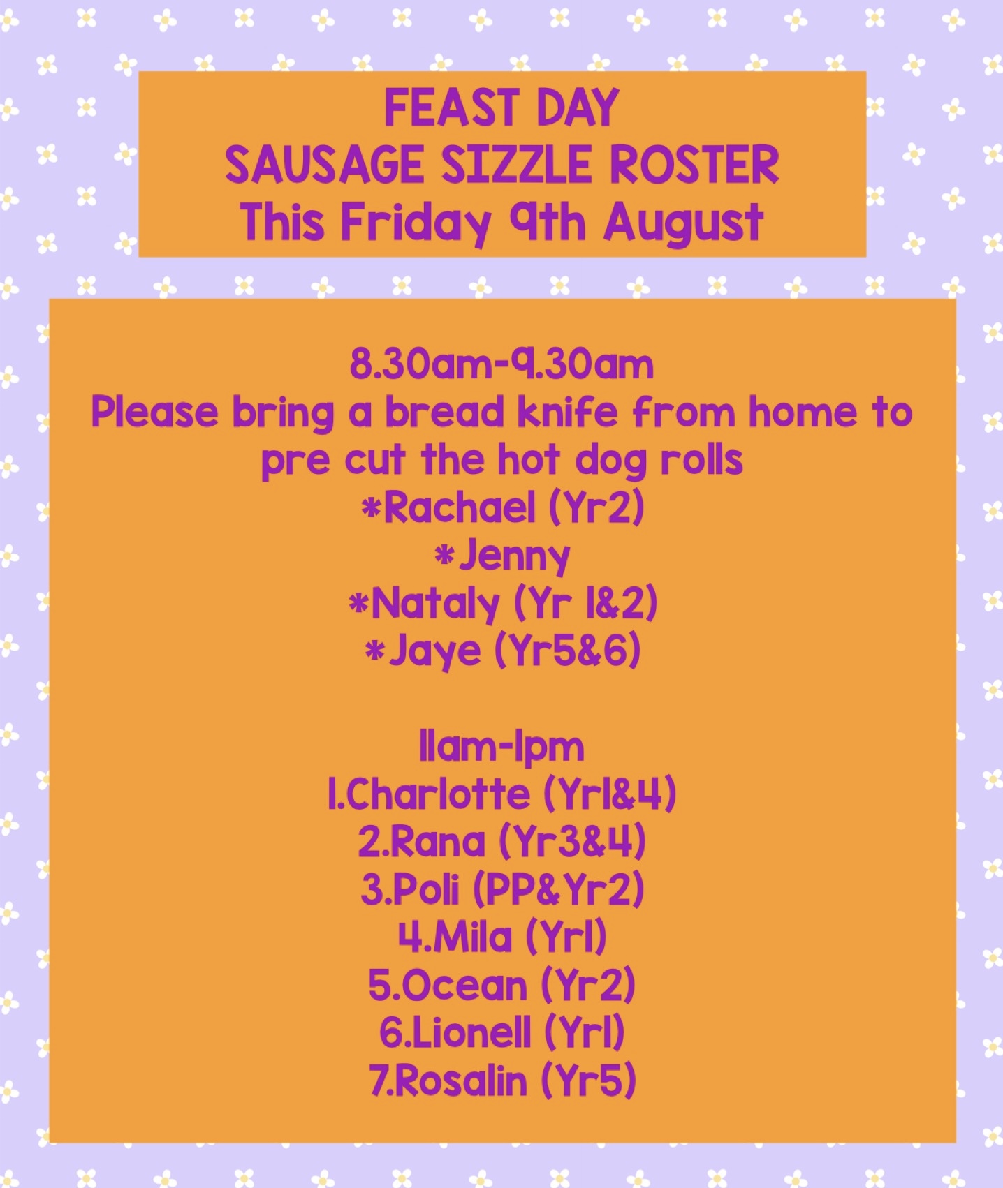 St Dominic’s Feast Day P&F Sausage Sizzle Parent Helper Roster