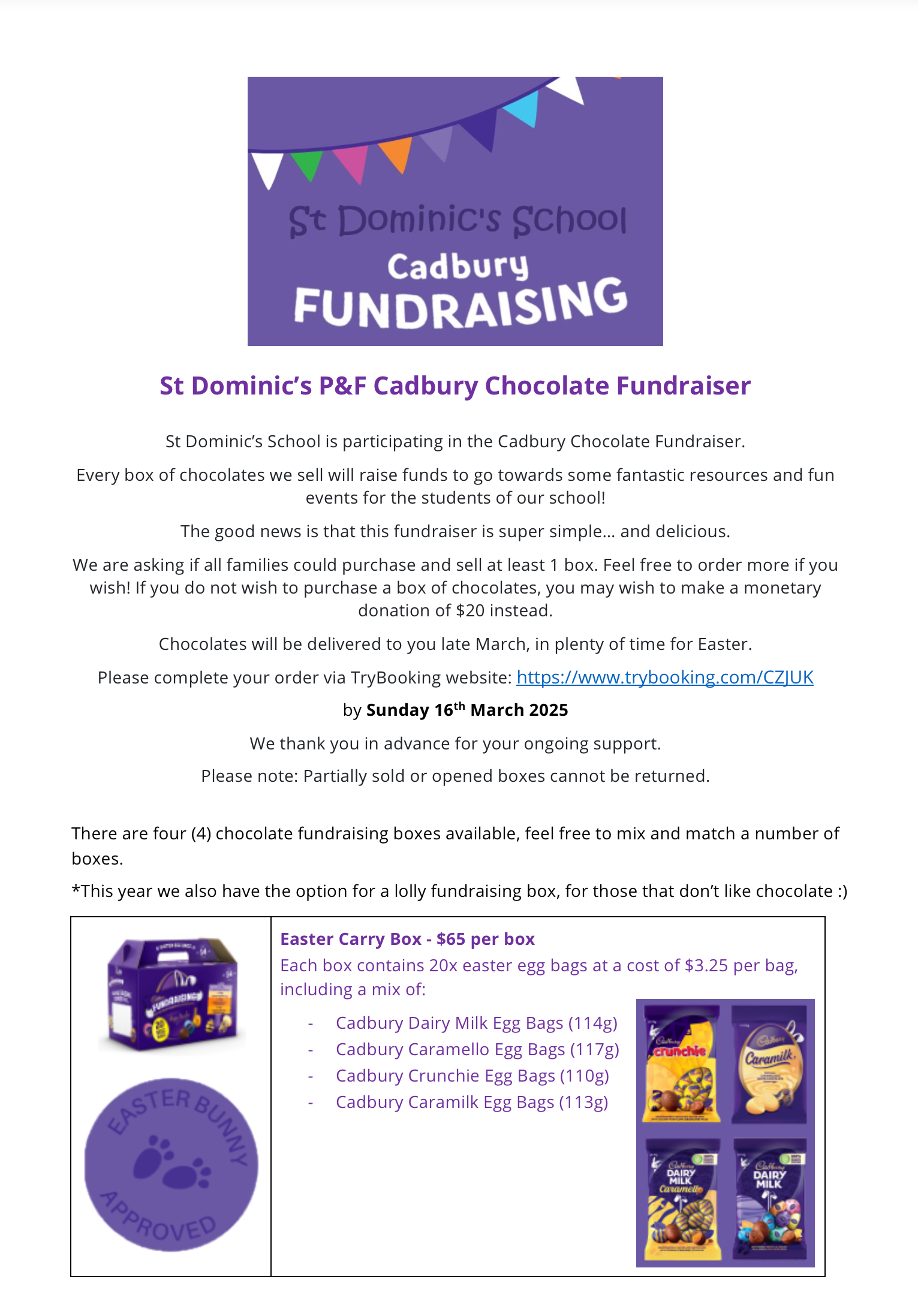 St Dominic's School P&F Cadbury Chocolate Fundraiser