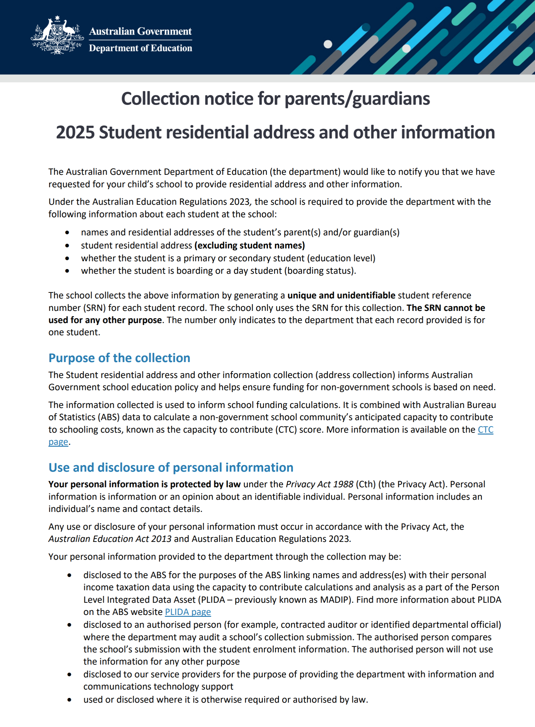 2025 Student Residential Address and Other Information Collection Notice